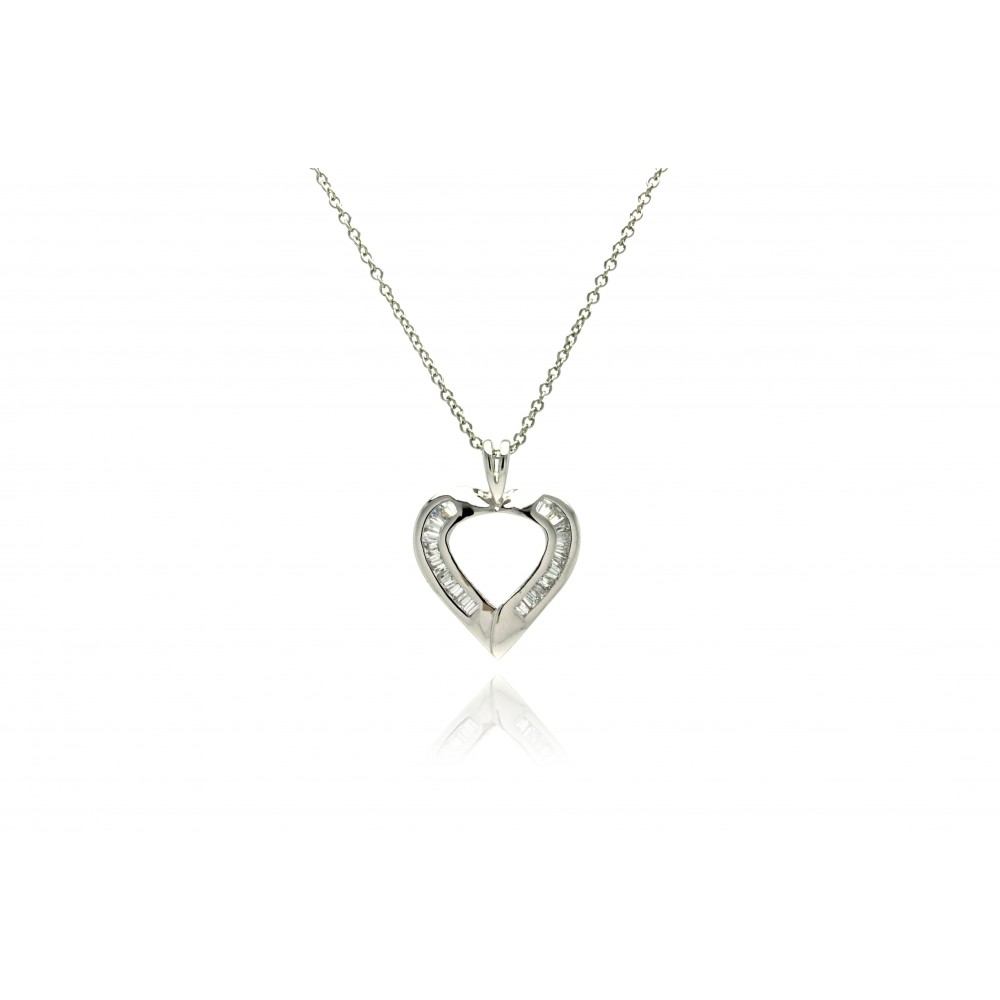Sterling Silver Necklace with Modish Heart Inlaid with Baguette Clear Czs PendantAnd Chain Length of 16 -18  AdjustableAnd Pendant Dimensions: 27.8MMx21.4MM