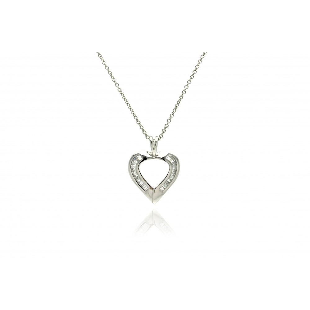 Sterling Silver Necklace with Modish Heart Inlaid with Baguette Clear Czs PendantAnd Chain Length of 16 -18  AdjustableAnd Pendant Dimensions: 27.8MMx21.4MM