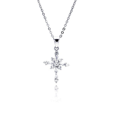 Sterling Silver Clear CZ Rhodium Plated Cross Pendant Necklace