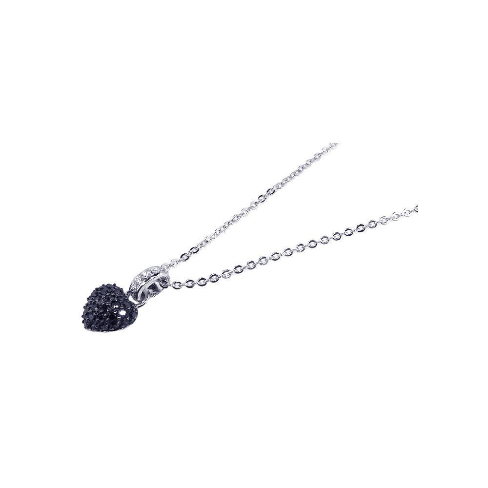 Sterling Silver Necklace with Clear Cz Bail and Paved Black Czs Small Heart Pendant