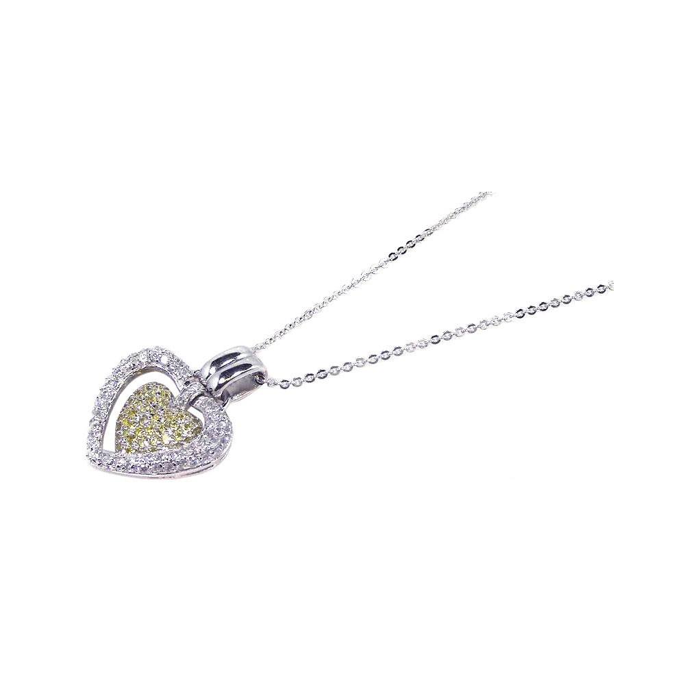 Sterling Silver Necklace with Paved Clear Czs Open Heart and Centered with Paved Yellow Czs Heart Pendant