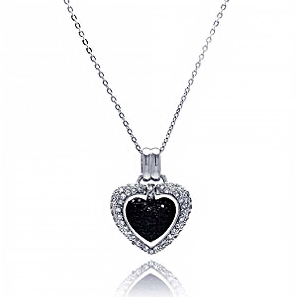 Sterling Silver Necklace with Paved Clear Czs Open Heart and Centered with Paved Black Czs Heart Pendant