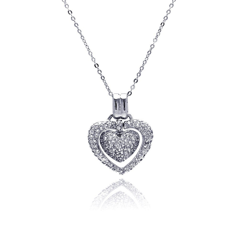 Sterling Silver Necklace with Paved Clear Czs Open Heart and Centered with Paved Clear Czs Heart Pendant