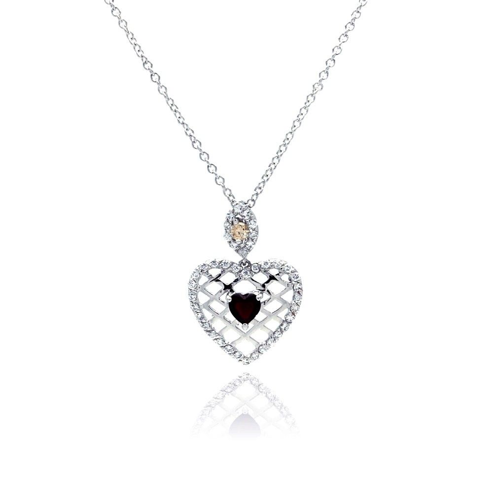 Sterling Silver Neckace with Elegant Heart Net Design Set with Heart Cut Ruby Cz and Inlaid with Champagne and Clear Czs Pendant
