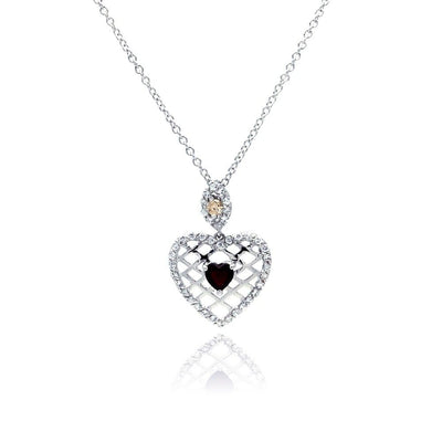 Sterling Silver Neckace with Elegant Heart Net Design Set with Heart Cut Ruby Cz and Inlaid with Champagne and Clear Czs Pendant