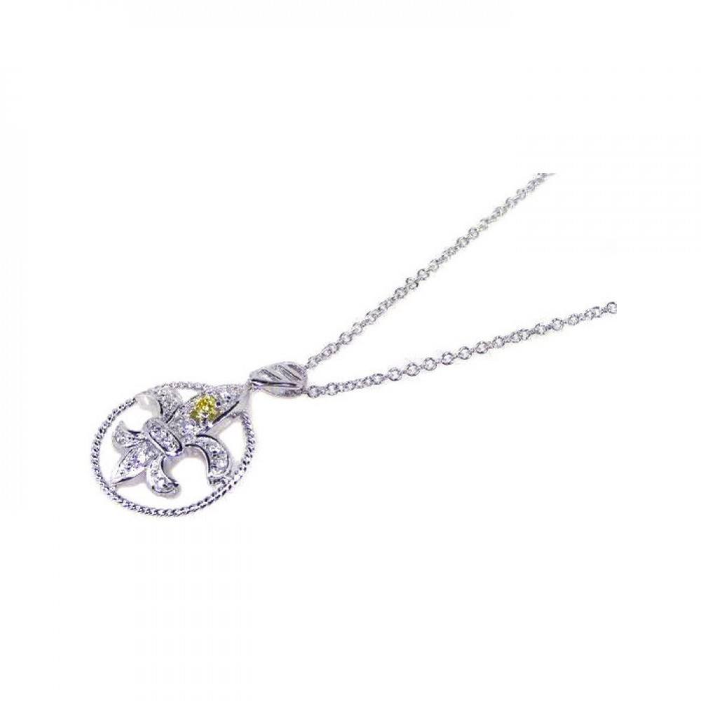 Sterling Silver Necklace with Fancy Twisted Round Frame and Fleur De Lis Pendant Inlaid with Clear Czs and Single Citrine Cz