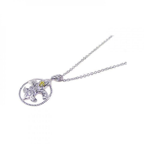 Sterling Silver Necklace with Fancy Twisted Round Frame and Fleur De Lis Pendant Inlaid with Clear Czs and Single Citrine Cz