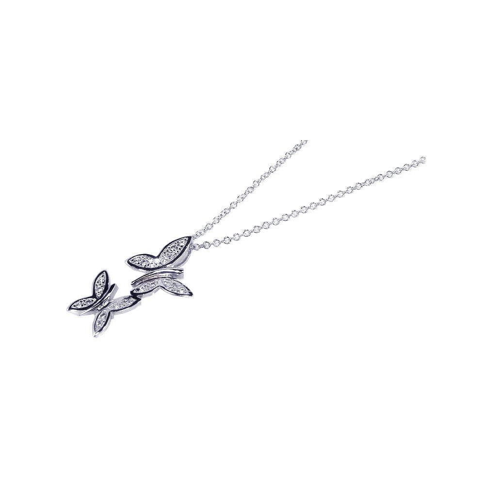 Sterling Silver Necklace with Fancy Double Link Butterfly Inlaid with Clear Czs Pendant