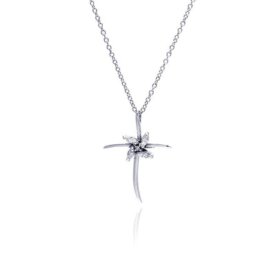 Sterling Silver Clear CZ Rhodium Plated Cross Pendant Necklace