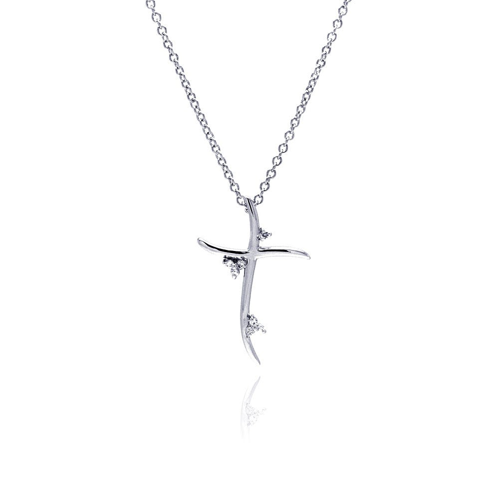 Sterling Silver Clear CZ Rhodium Plated Cross Pendant Necklace
