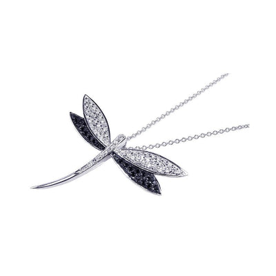 Sterling Silver Necklace with Modish Paved Black and Clear Czs Dragonfly Pendant