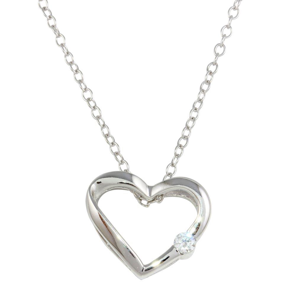 Sterling Silver Necklace with High Polished Open Heart Inlaid with Single Clear Cz Pendant
