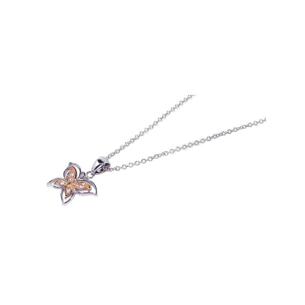 Sterling Silver Necklace with Two-Toned Double Butterfly Inlaid with Clear Czs Pendant