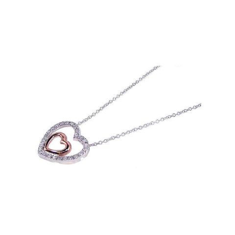 Sterling Silver Necklace with Fancy Open Paved Heart and Centered with Rose Gold Plated Plain Heart Pendant