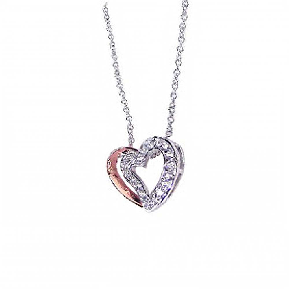Sterling Silver Necklace with Fancy Two-Toned Open Heart Inlaid with Clear Czs Pendant