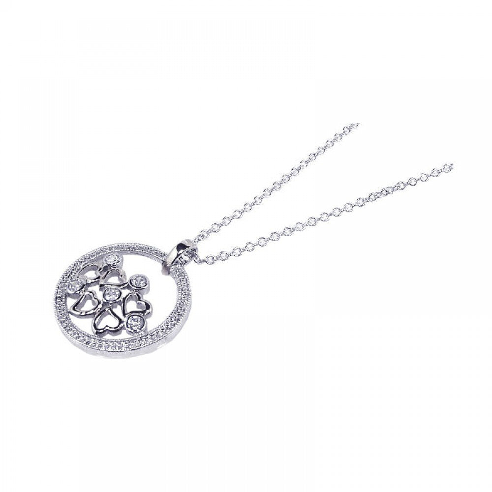 Sterling Silver Necklace with Open Paved Circle Inlaid with Clear Czs and Multi Heart Pendant