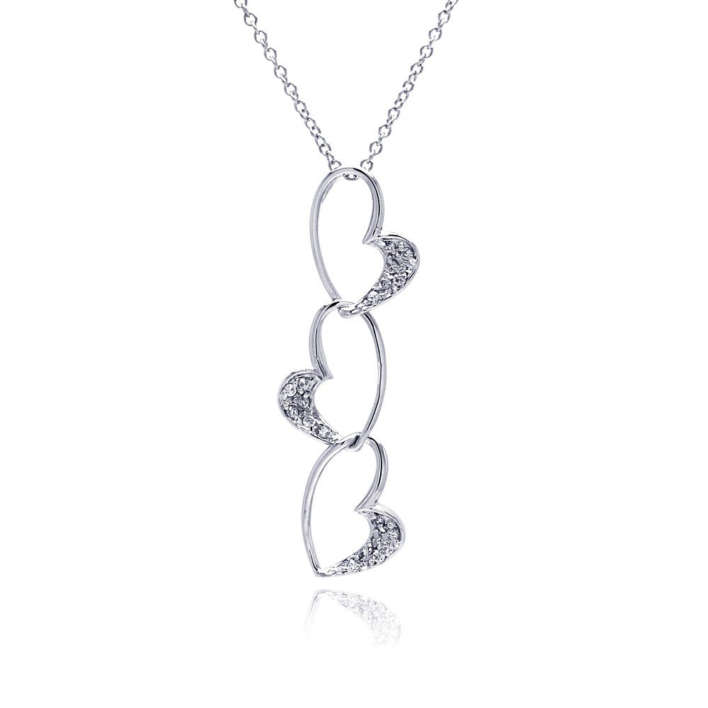 Sterling Silver Necklace with Three Open Heart Inlaid with Clear Czs Dangling Pendant