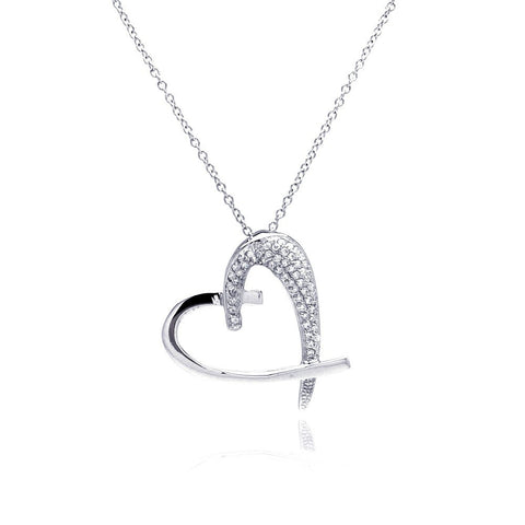 Sterling Silver Necklace with Trendy Heart Inlaid with Clear Czs Pendant