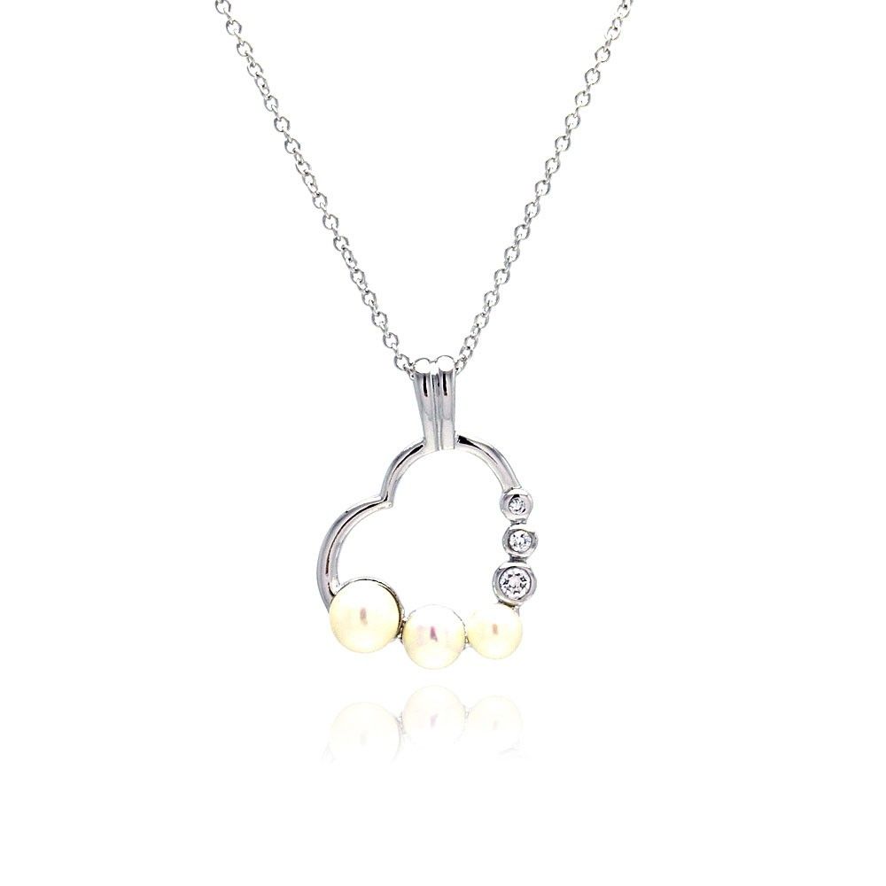 Sterling Silver Necklace with Fancy Open Heart Set with Three White Pearls and Clear Czs Pendant