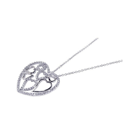 Sterling Silver Necklace with Muti Cut-Out Paved Heart Pendant