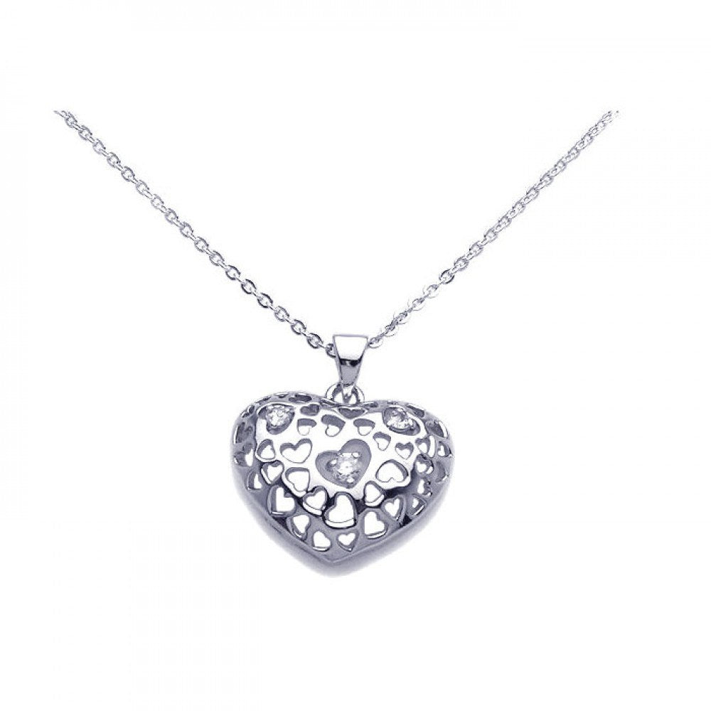 Sterling Silver Necklace with Fancy Heart with Multi Heart Hole Design Inlaid with Clear Czs Pendant