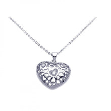 Load image into Gallery viewer, Sterling Silver Necklace with Fancy Heart with Multi Heart Hole Design Inlaid with Clear Czs Pendant