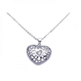 Sterling Silver Necklace with Fancy Heart with Multi Heart Hole Design Inlaid with Clear Czs Pendant