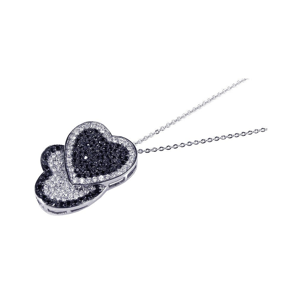 Sterling Silver Necklace with Paved Black and Clear Czs Double Heart Pendant