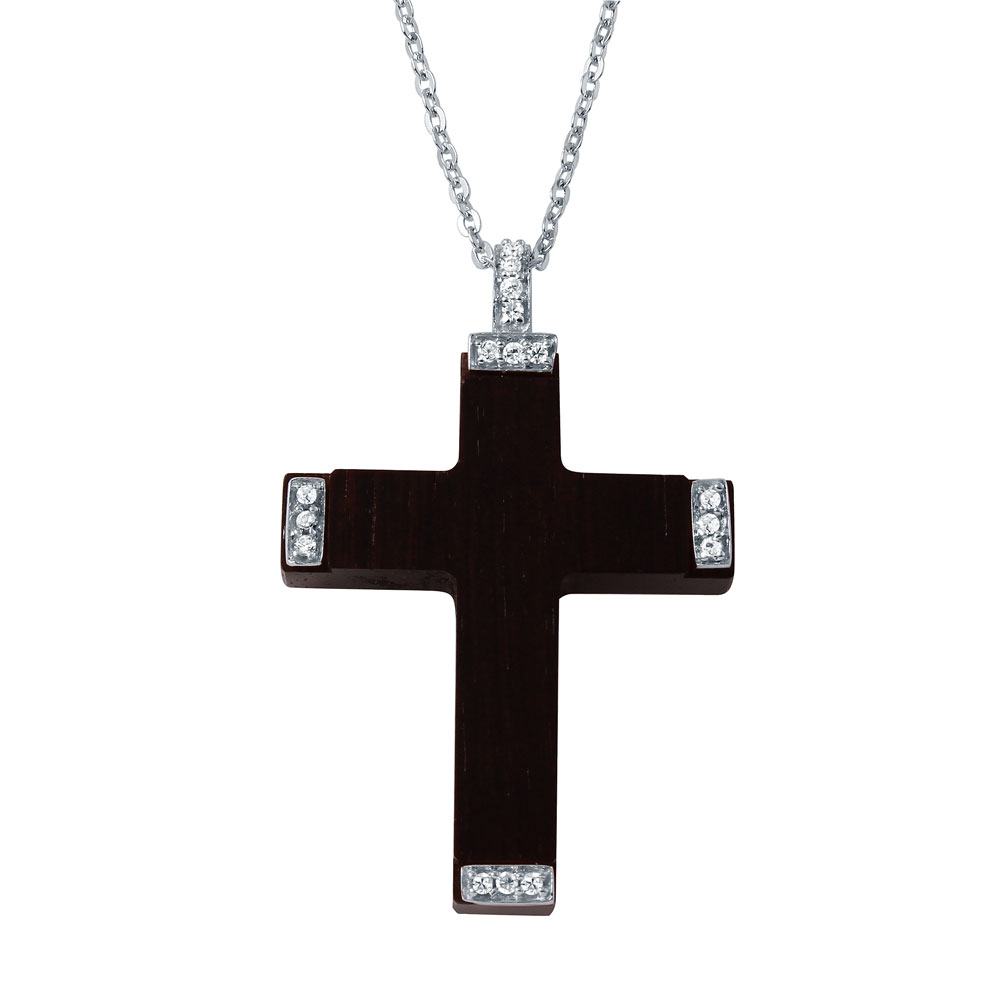 Sterling Silver Rhodium Plated Necklace with Wood Cross Inlaid with Clear Cz PendantAnd Spring Clasp ClosureAnd Length of 16  with 2  extension