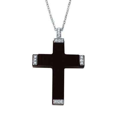 Sterling Silver Rhodium Plated Necklace with Wood Cross Inlaid with Clear Cz PendantAnd Spring Clasp ClosureAnd Length of 16  with 2  extension