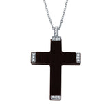 Sterling Silver Rhodium Plated Necklace with Wood Cross Inlaid with Clear Cz PendantAnd Spring Clasp ClosureAnd Length of 16  with 2  extension