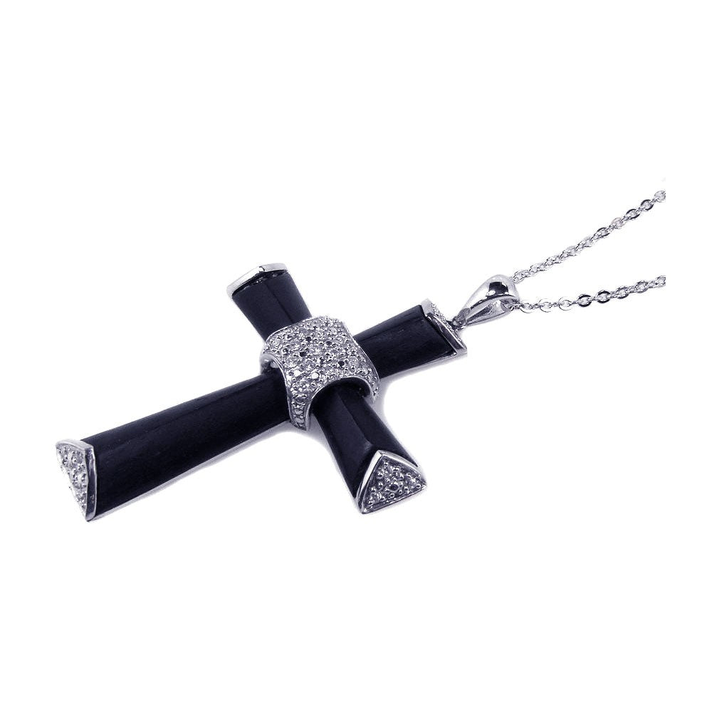 Sterling Silver Clear CZ Rhodium Plated Black Enamel Cross Pendant Necklace