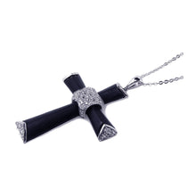 Load image into Gallery viewer, Sterling Silver Clear CZ Rhodium Plated Black Enamel Cross Pendant Necklace