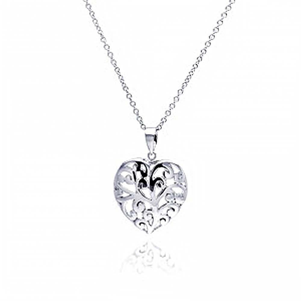 Sterling Silver Necklace with High Polished Filigree Vine Design Heart Pendant