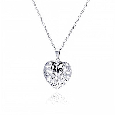 Sterling Silver Necklace with High Polished Filigree Vine Design Heart Pendant