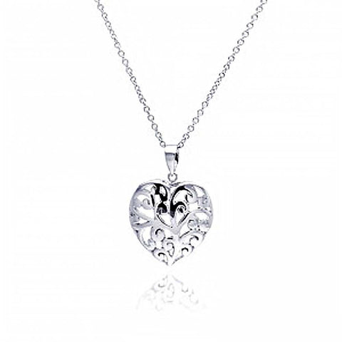 Sterling Silver Necklace with High Polished Filigree Vine Design Heart Pendant