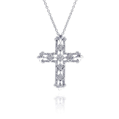 Sterling Silver Clear CZ Rhodium Plated Cross Pendant Necklace