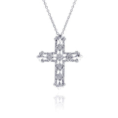 Sterling Silver Clear CZ Rhodium Plated Cross Pendant Necklace