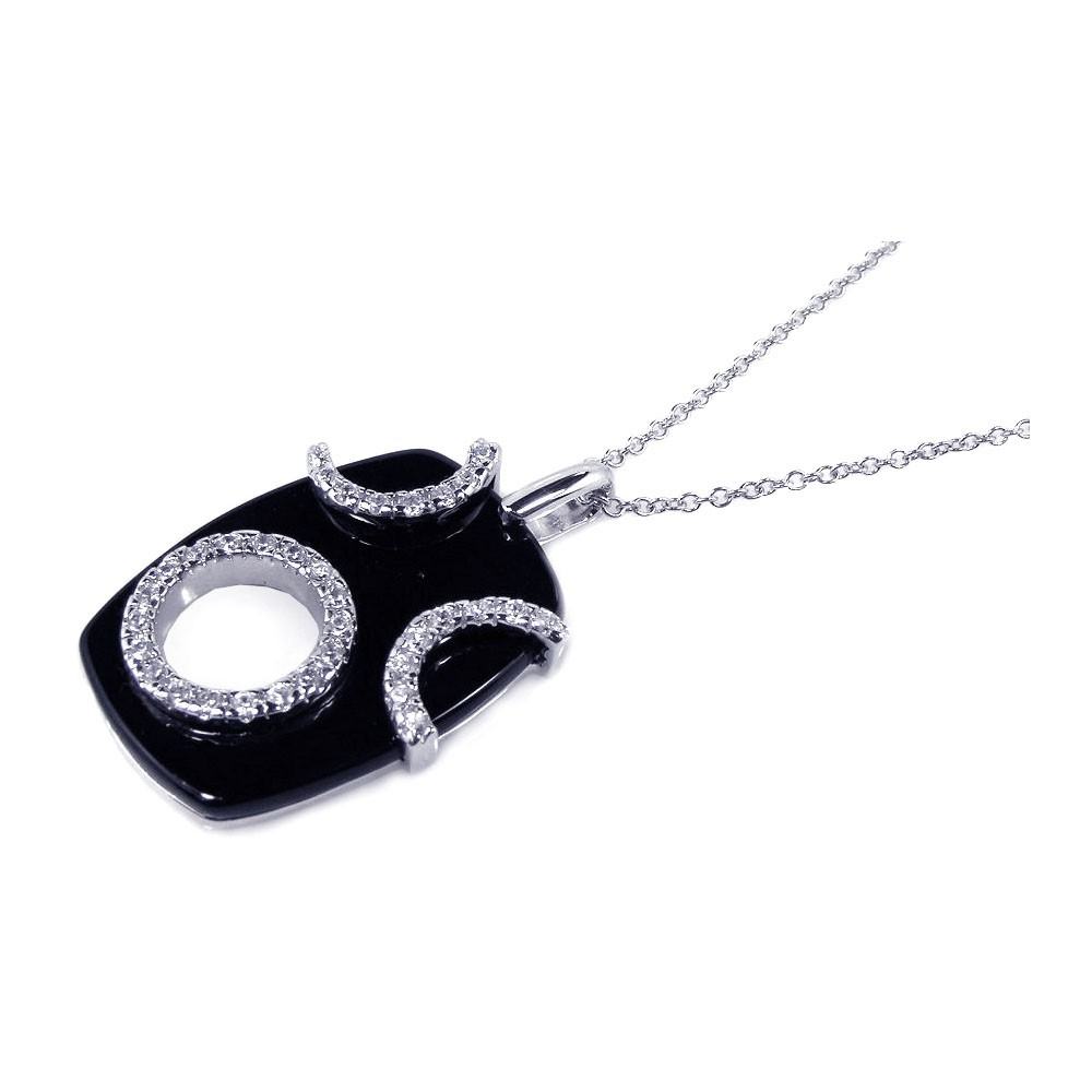 Sterling Silver Necklace with Fancy Black Onyx Inlaid with Clear Czs Pendant