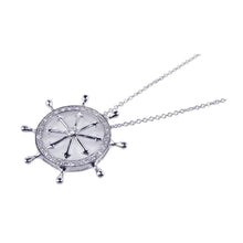 Load image into Gallery viewer, Sterling Silver Necklace with White Enamel Ship Helm Inlaid with Clear Czs Pendant