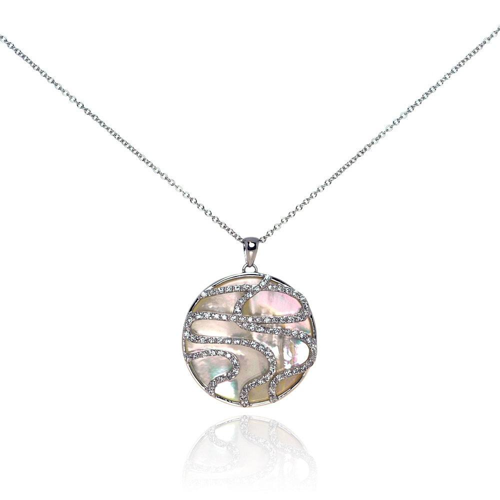 Sterling Silver Necklace with Elegant Round Mother of Pearl Pendant with Lined Clear Czs Pattern Deisgn