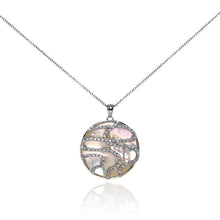 Load image into Gallery viewer, Sterling Silver Necklace with Elegant Round Mother of Pearl Pendant with Lined Clear Czs Pattern Deisgn
