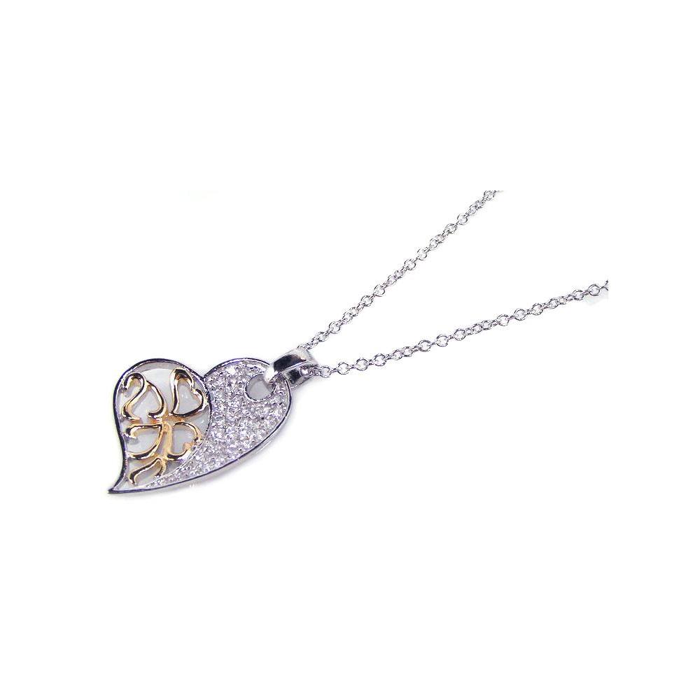 Sterling Silver Necklace with Fancy Paved Heart with Gold Plated Flower Design Pendant