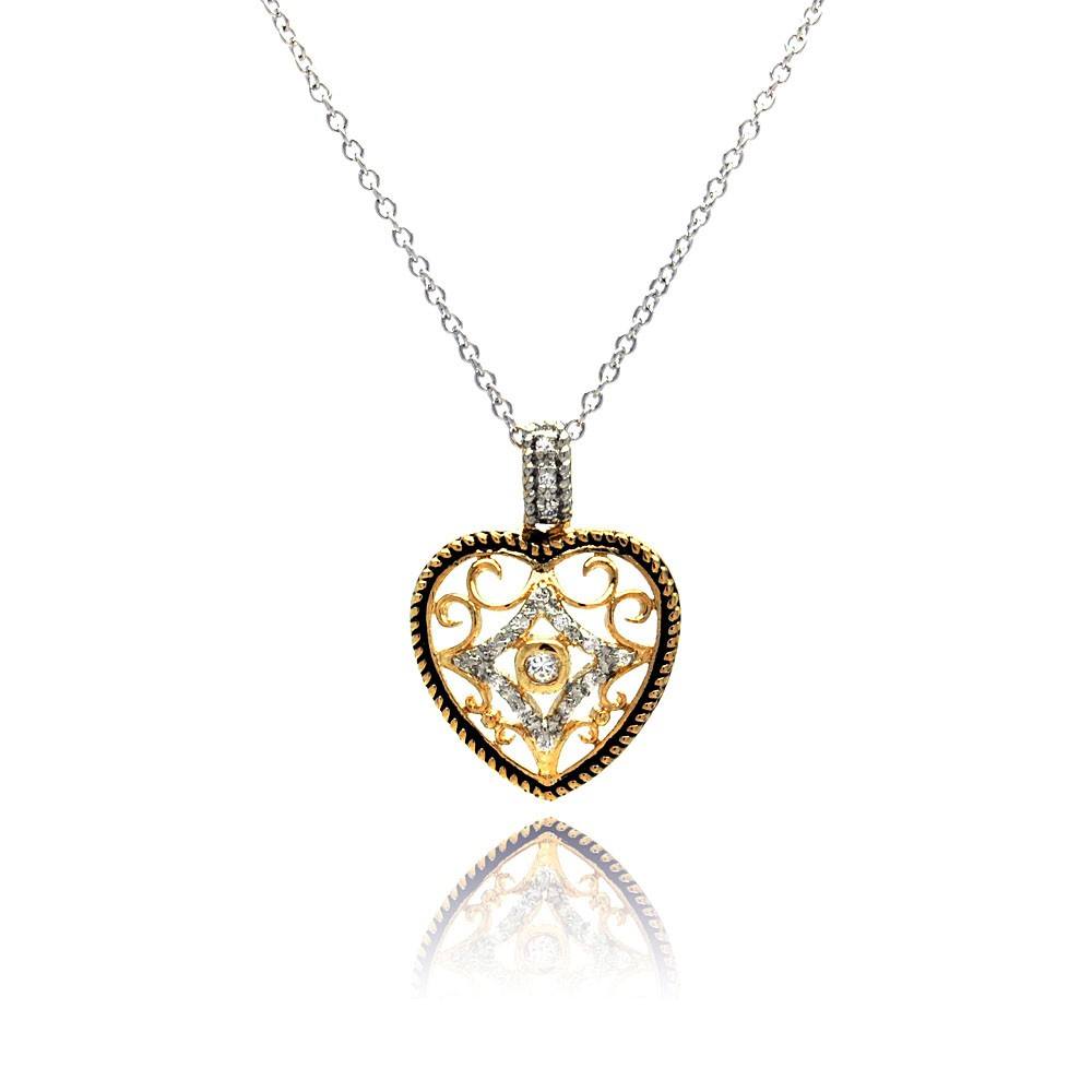 Sterling Silver Necklace with Gold Plated Antique Style Filigree Heart Inlaid with Clear Czs Pendant