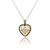 Sterling Silver Necklace with Gold Plated Antique Style Filigree Heart Inlaid with Clear Czs Pendant