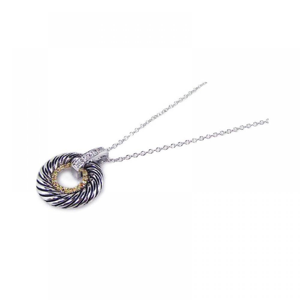 Sterling Silver Necklace with Twisted Circle Pendant and Multi Colored Czs on Gold Plated Setting