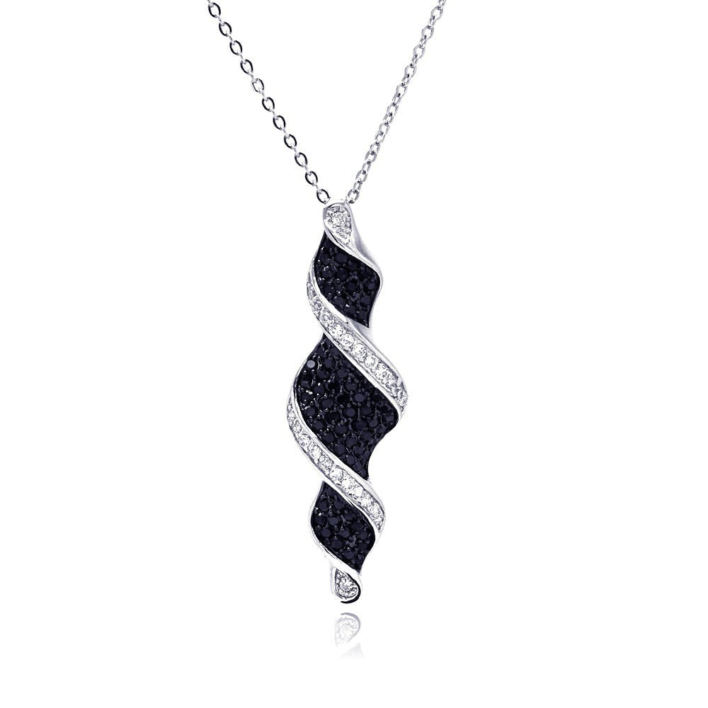 Sterling Silver Necklace with Elegant Paved Black and Clear Czs Dangling Spiral Pendant