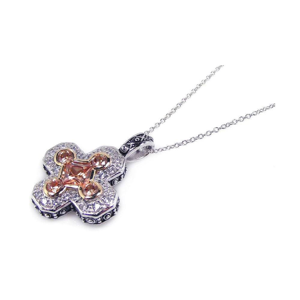 Sterling Silver Clear and Champagne CZ Rhodium Plated Cross Pendant Necklace