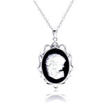 Sterling Silver Necklace with Elegant Black Onyx Oval Frame with Mother of Pearl Cameo and Inlaid with Clear Czs Pendant