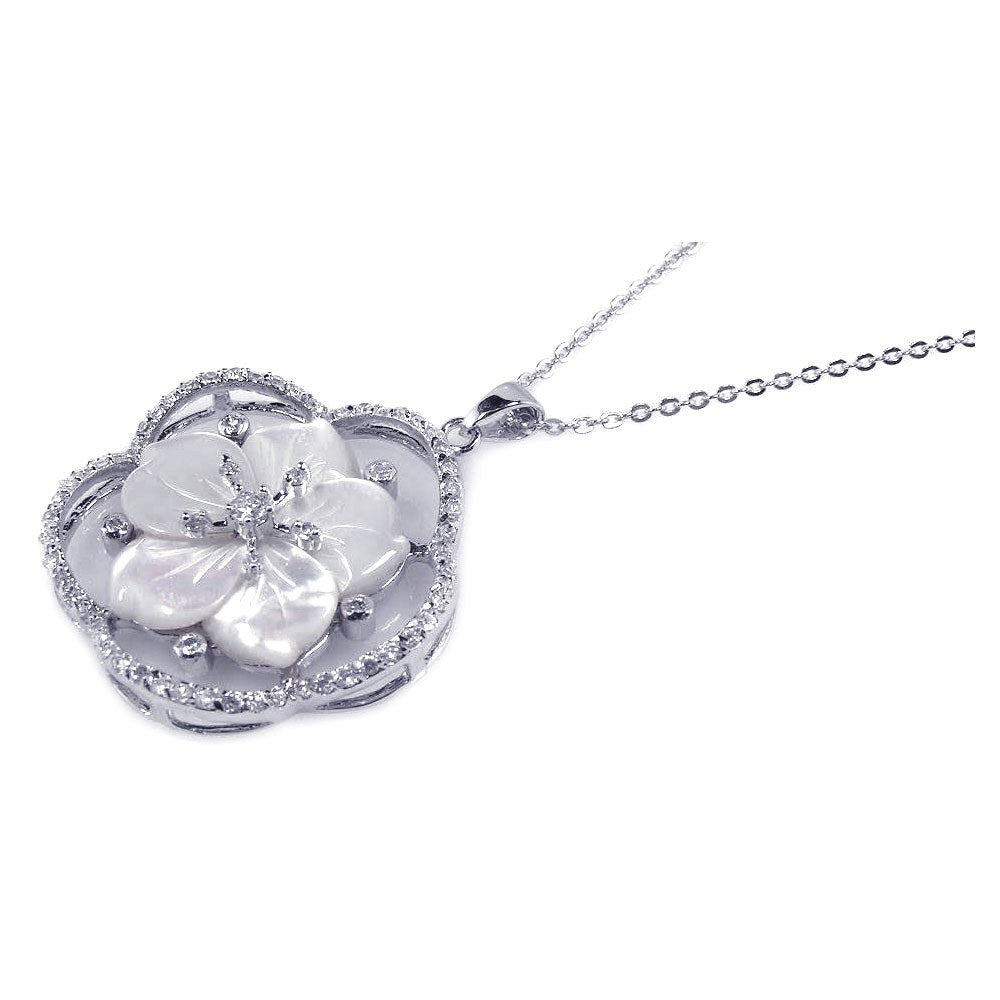 Sterling Silver Necklace with Elegant Mother of Pearl Flower Inlaid with Clear Czs Pendant
